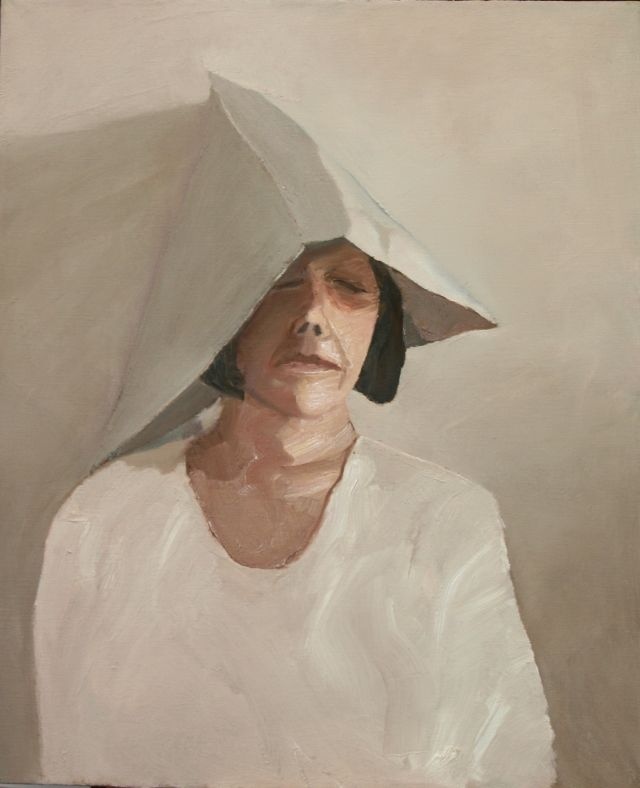 "Kobieta w papierowym kapeluszu" - olej na płótnie 60x73cm