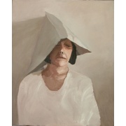 "Kobieta w papierowym kapeluszu" - olej na płótnie 60x73cm